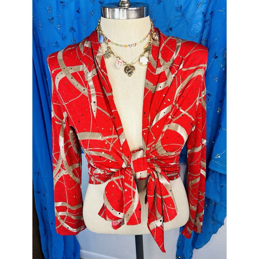 Vtg Y2K Gold Jostar Sequin Red And Gold Cardigan Tie Top Blouse Medium/Large